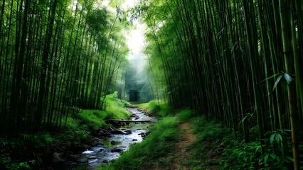 Summer sunny forest Healthy green trees in a forest of old spruce, fir and pine