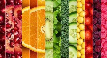 Vibrant and diverse array of fresh fruits and vegetables, artfully arranged in colorful vertical stripes, symbolizing healthy eating, natural vitality, and wholesome nutrition