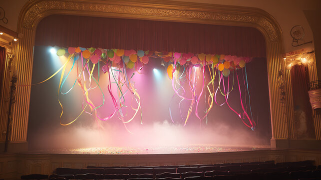 audience. Empty historic theater stage with grand curtain partially open. event programs, museum guides, designed for cultural heritage projects and event programs, preserves heritage.
