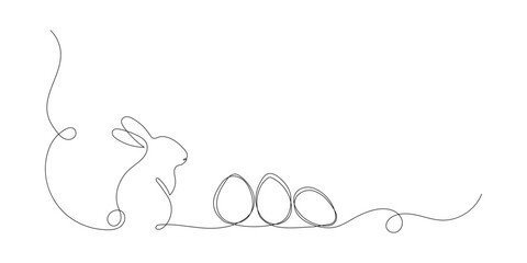 Continuous one line drawing of Easter eggs and rabbit. Greeting banner design with bunny and ears in simple linear style