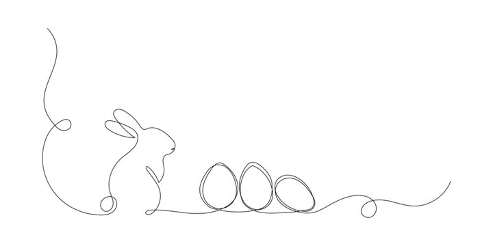 Continuous one line drawing of Easter eggs and rabbit. Greeting banner design with bunny and ears in simple linear style