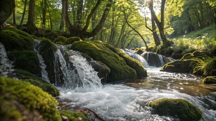 Fototapeta premium Serene stream flowing through lush green forest with sunlight filtering through trees