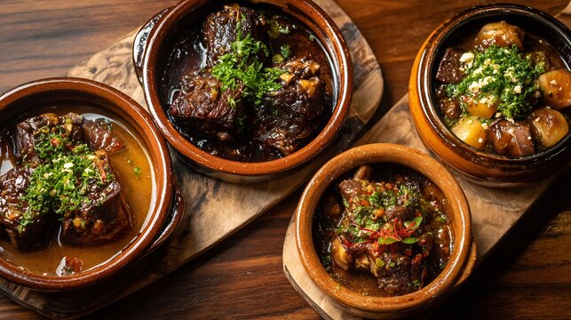 Rabo de Toro Spanish oxtail stew slow cooked until tender deep rich sauce rustic clay serving bowl left right