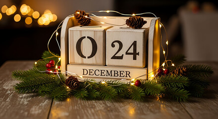 wooden_calendar_block,christmas_ornaments,pine_branches,blurred_lights_background,wooden_table
