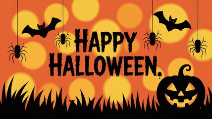 Spooky Halloween: A festive Halloween design with pumpkins, bats, spiders, and the words Happy Halloween. Capturing the essence of the holiday with a creative and festive vibe. 