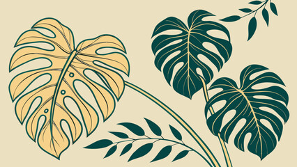 Illustration of monstera leaves in yellow and green on a light beige background artfully arranged