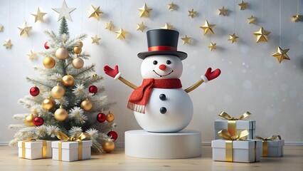 A cheerful snowman wearing a top hat and scarf stands next to a decorated christmas tree surrounded by gift boxes, with golden stars hanging in the background, creating a festive holiday scene