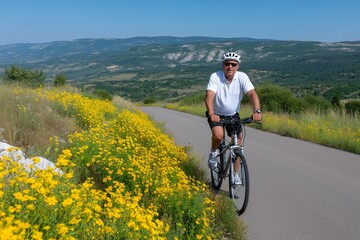 Naklejka premium Senior Man Cycling on Road Surrounded by Yellow Flowers