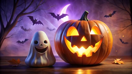 A spooky halloween scene with a glowing jackolantern and a friendly ghost figure silhouetted against a purple moonlit sky with bats flying in the background, evoking a sense of eerie fun