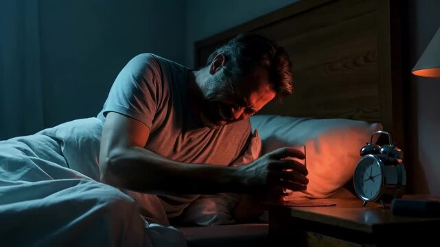 A middle-aged man in bed at night clutches his chest in agony, his face contorted in pain as he reaches for a glass of water, experiencing a sudden heart attack or severe panic