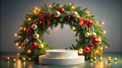 A festive christmas wreath adorned with glowing fairy lights, red bows, and golden and red baubles, surrounding a white circular display podium on a dark surface, creating a magical holiday atmosphere