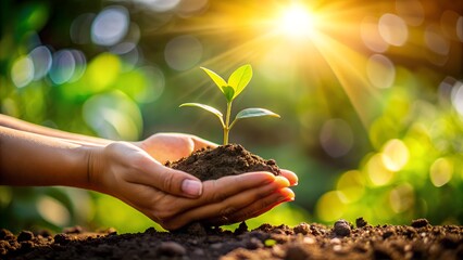 Hands holding a small plant seedling with soil, bathed in warm sunlight, symbolizing growth, new beginnings, and environmental care in a natural setting