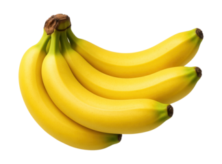 Ripe banana cluster featuring yellow, slightly curved fruit with green tips.