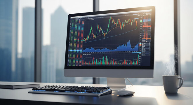 Modern workspace with stock chart on screen, keyboard, mouse, book and hot drink, representing business, finance, and analysis in contemporary setting