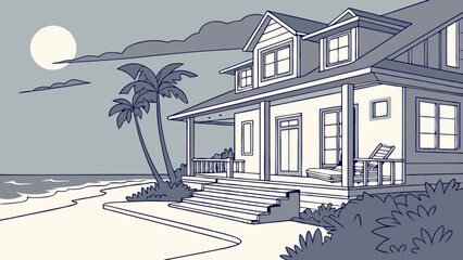 Obraz premium Coastal House at Night Ocean View Palm Trees Moonlit Beach Scene Summer Vacation Home Illustration Tropical Home Design Beachfront Property Artwork Relaxing Seaside House Calm Evening by.