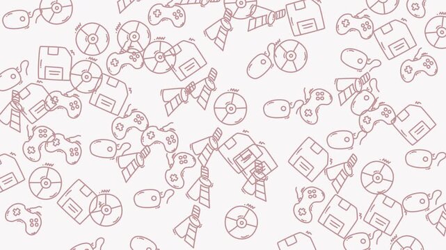Old computer items pattern, featuring floppy disks and retro technology. Suitable for nostalgic designs or techrelated themes in graphic projects.