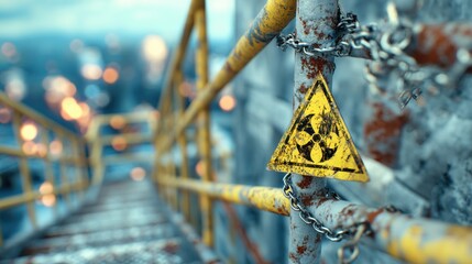Urban Industrial Staircase Cage with Warning Stencil, Distant City Lights - Atmospheric Industrial Scene