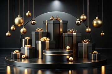 A luxurious display of black gift boxes with gold ribbons and ornaments arranged on a dark stage, evoking a sense of elegance and exclusivity for a premium gifting experience