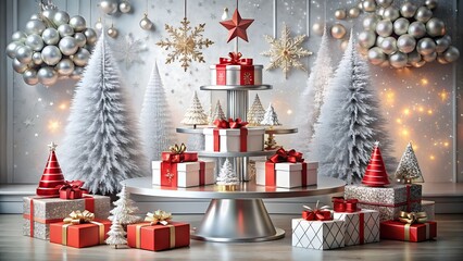 Elegant christmas display with a tiered stand filled with red and white gift boxes, surrounded by frosted trees and sparkling ornaments, creating a festive holiday scene