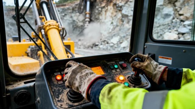 From a cabin's point of view, a worker's hands in protective gloves operate the joysticks on an excavator's control panel, with a hydraulic drill breaking rock outside in a quarry