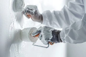 白い壁をローラーで丁寧に塗装する作業員の手元（清潔な室内作業）