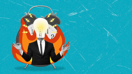 Art collage, Creative brainstorming session featuring a lightbulb head and dynamic background on a bright blue backdrop