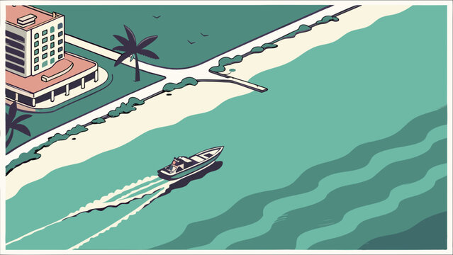 Coastal Scene with Boat and Hotel Summer Vacation Illustration Tropical Getaway Design.