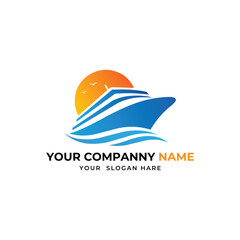 Serene Ocean Cruise Logo Design Featuring a Ship at Sunset for Travel or Tourism Branding