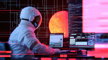 Futuristic astronaut working on advanced technology in sci fi environment with red planet in background, showcasing innovation and exploration