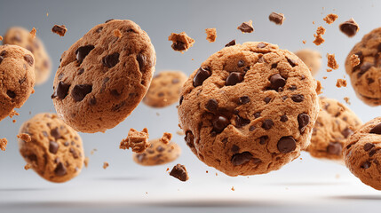 Floating chocolate cookies against soft gray background