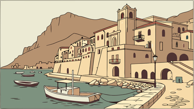 Coastal Town Illustration Mediterranean Style Architecture Boats Harbor Sea Cliffside Vintage Retro Travel Vacation Calm Sea Summer Sunny Day Old Buildings Stone Walls Charming Vil.