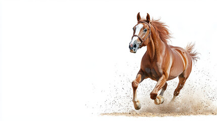 Fototapeta premium Powerful horse gallops across sandy surface, kicking up dust with its hooves, showcasing strength and grace in motion
