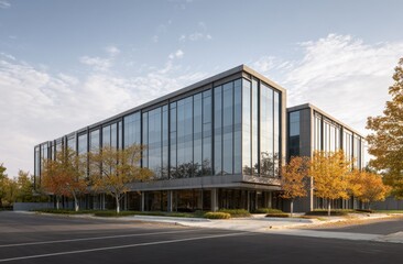 Obraz premium Modern glass building with reflective surrounded by autumn trees