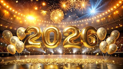 Golden 2026 balloons and fireworks illuminate a stadium with confetti, celebrating the new year in a festive and grand atmosphere