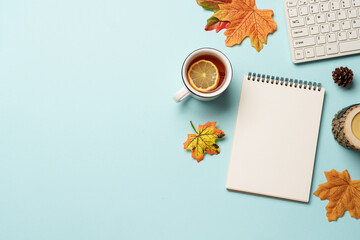 Autumn workspace flat lay background.