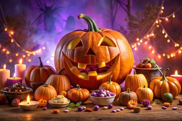 A spooky carved pumpkin with a grinning face sits on a wooden table surrounded by smaller pumpkins, candles, and candy, creating a classic halloween scene with purple smoke