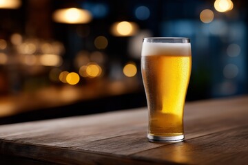 Cold glass of golden beer with frothy foam on top sits on a wooden table, illuminated by warm ambient light, creating a cozy and inviting atmosphere for relaxation