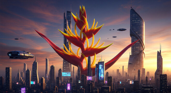 A giant heliconia flower towering over a futuristic city, petals reflecting golden sunlight, surreal dreamscape illustration - Powered by Adobe