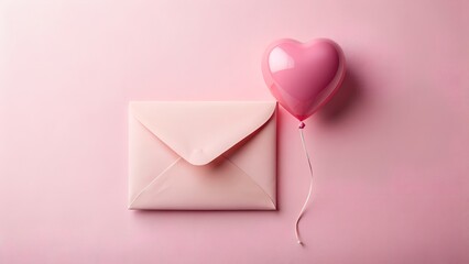 A delicate pink envelope with a folded flap, accompanied by a small, shiny pink heartshaped balloon tied with a thin white string, set against a soft pink textured background, symbolizing love 