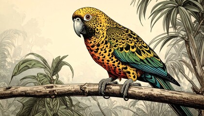 Colorful Parrot Perched on a Branch Surrounded by Tropical Foliage Illustration