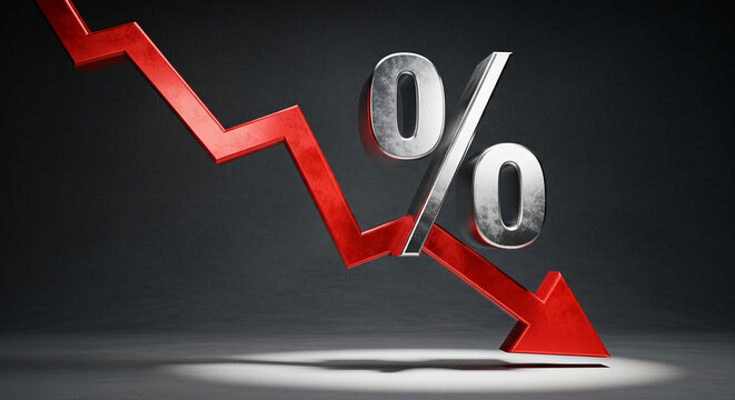Image of a red arrow pointing down towards a metallic percent symbol, showing financial decrease and loss, representing economic recession or decline