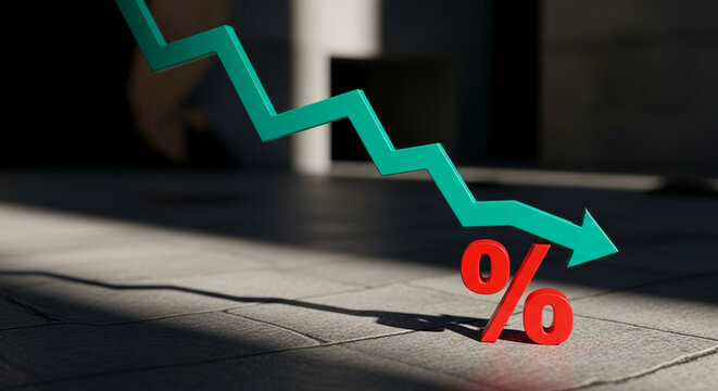 Close-up of green arrow pointing down toward a red percentage sign, set against a textured floor, representing economic decline or reduction