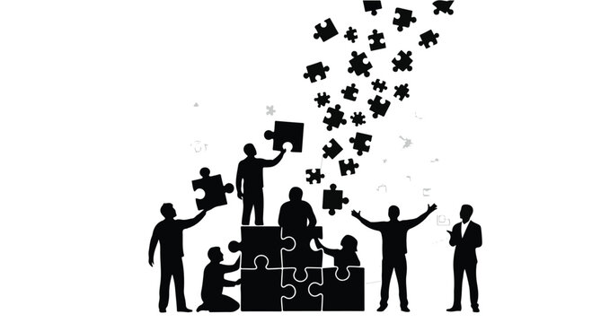 Diverse team collaborates to build a solution, connecting puzzle pieces in a symbolic representation of unity and success.