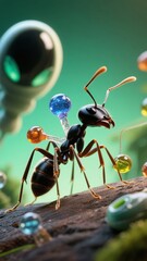 Ant carrying colorful droplets on a log with alien-like creature in background