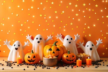A playful halloween scene with cute ghost figures, carved pumpkins, candy, and candles against a sparkling orange background, creating a festive and spooky atmosphere