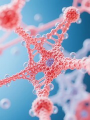 Molecular structure with interconnected spherical nodes and transparent links against a blue background