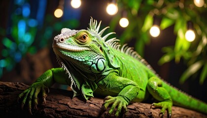 Fototapeta premium Green Iguana on Branch with Exotic Reptile, Wildlife, and CloseUp Portrait.