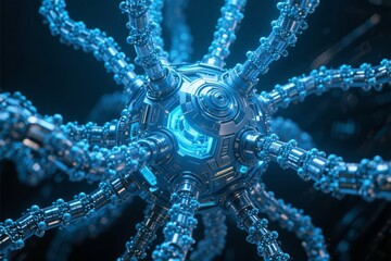 Futuristic mechanical structure with glowing blue core and radiating tentacle-like appendages
