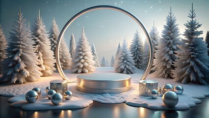 A festive winter scene with snowcovered pine trees and a circular archway framing a podium, decorated with silver ornaments and glowing lights, creating a magical holiday atmosphere