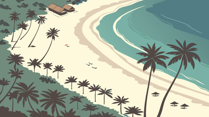 Tropical Beach Scene Aerial View of Palm Trees Ocean and Bungalow.